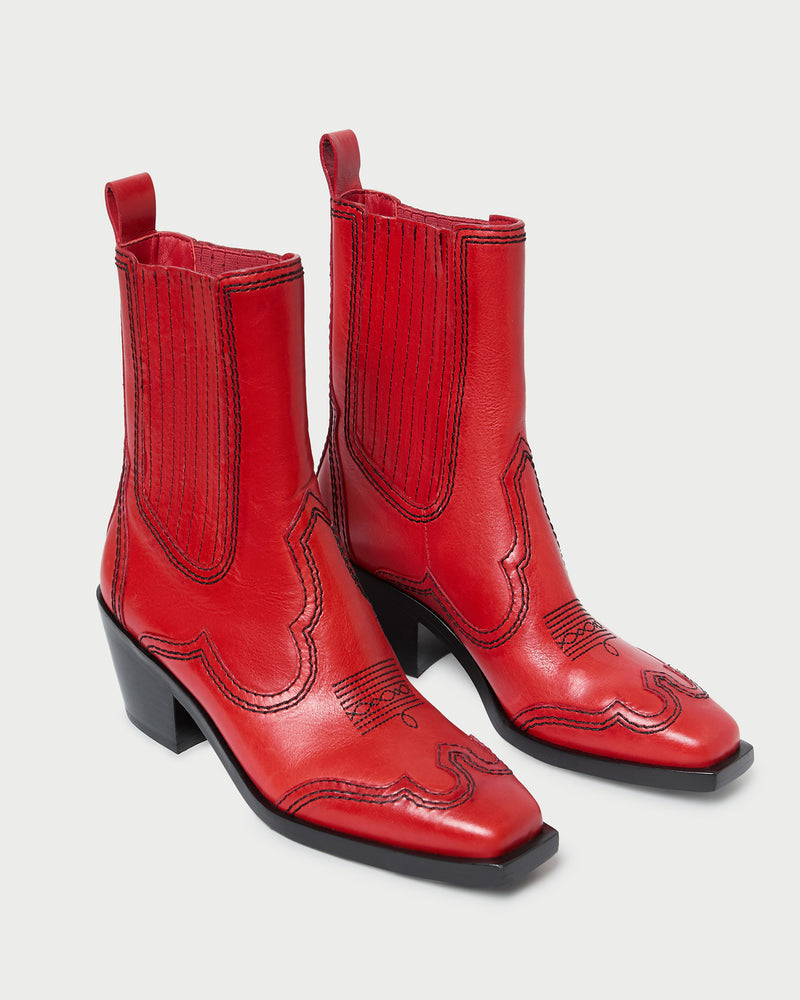Agnes Red Leather Western Boot in red vachetta leather.