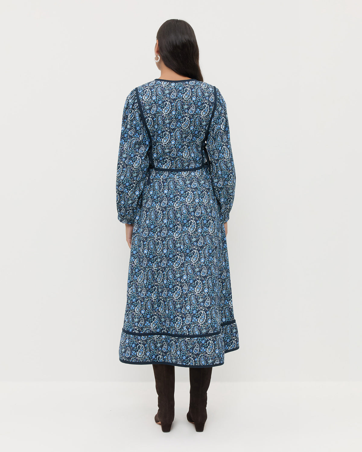 Ainsley Dress in quilted cotton with a blue paisley floral design and Marley Brown Suede Tall Boots.