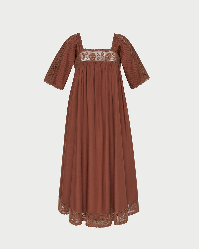 Althea Dress in chestnut brown cotton.