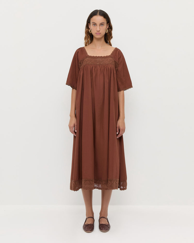 Althea Dress in chestnut brown cotton and Leonie Espresso Woven Leather Ballet Flat.