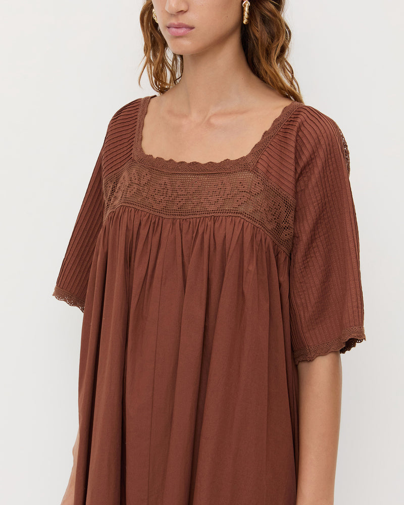 Althea Dress in chestnut brown cotton.