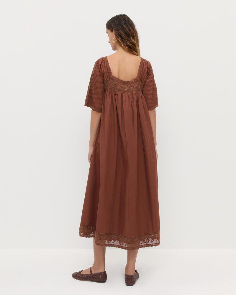 Althea Dress in chestnut brown cotton and Leonie Espresso Woven Leather Ballet Flat.