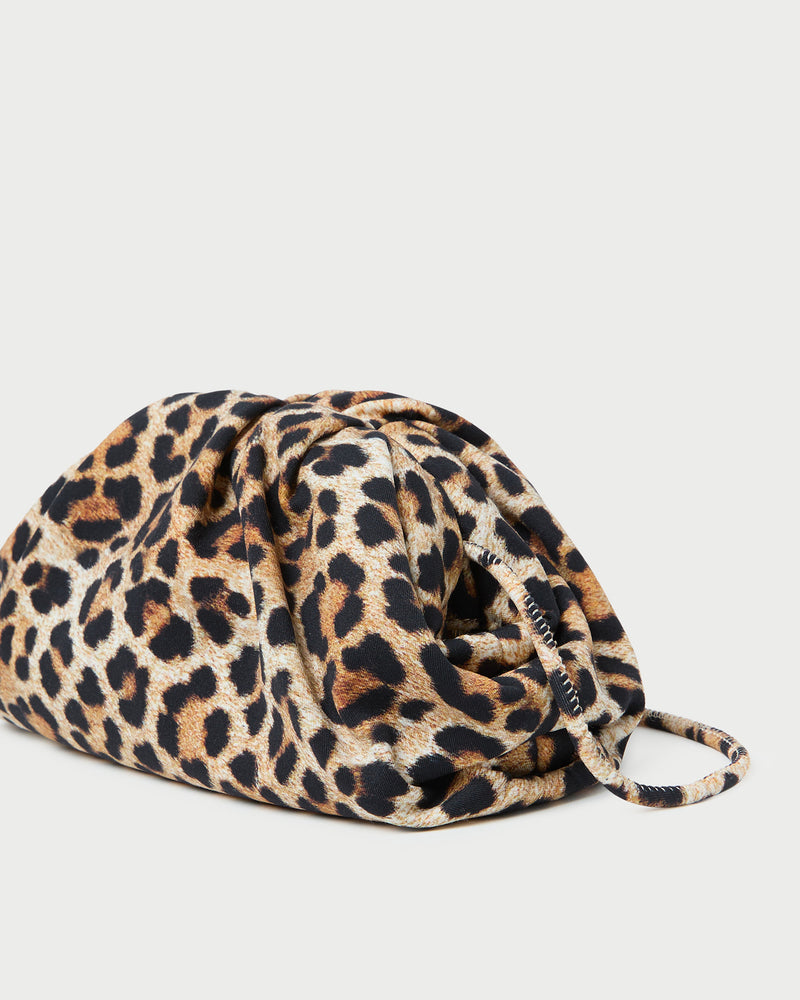 Bailey Leopard Jersey Dome Clutch in leopard print jersey fabric.