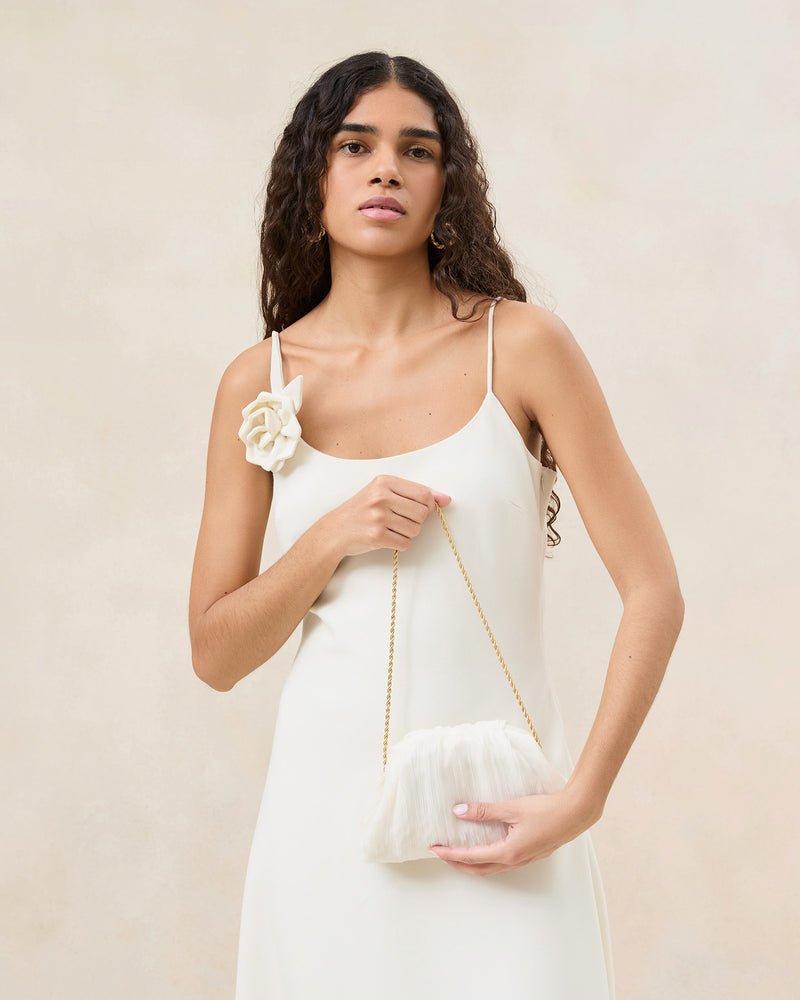 Bailey Pearl Pleated Dome Clutch in pearl organza