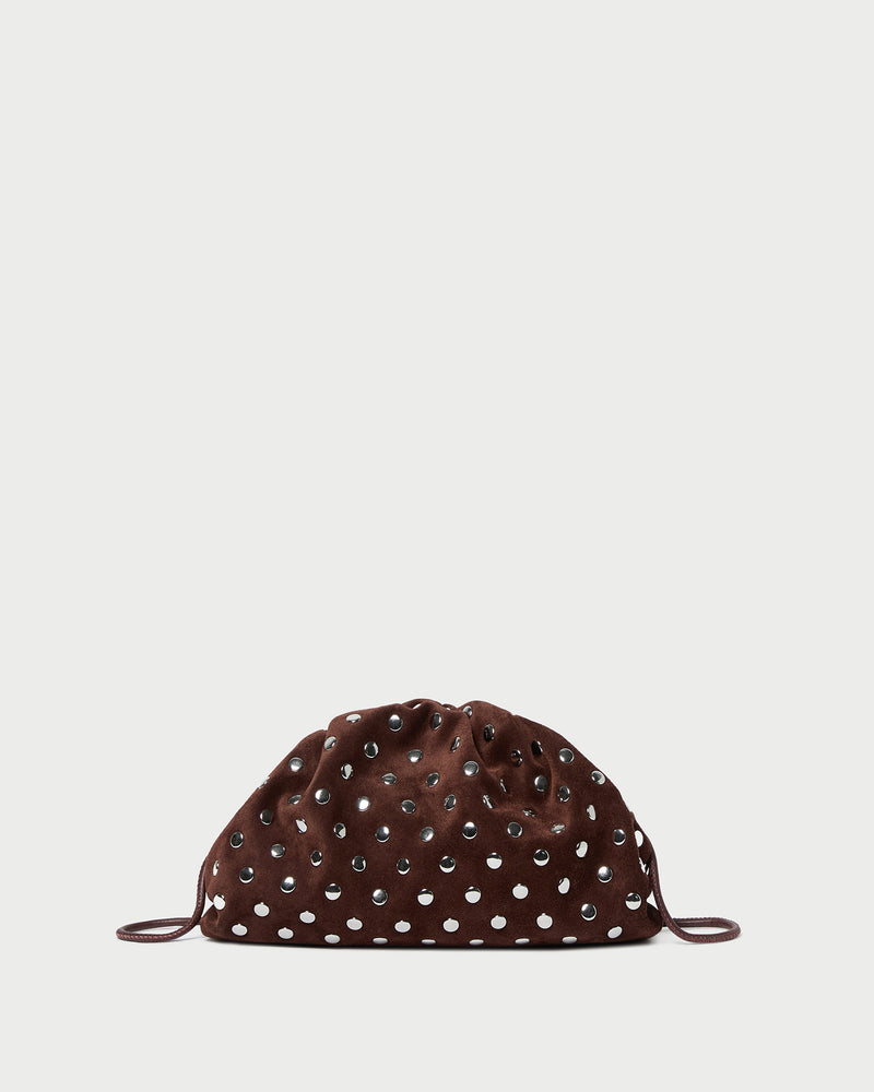 Bailey Espresso/Silver Dome Clutch in espresso suede with silver studs.