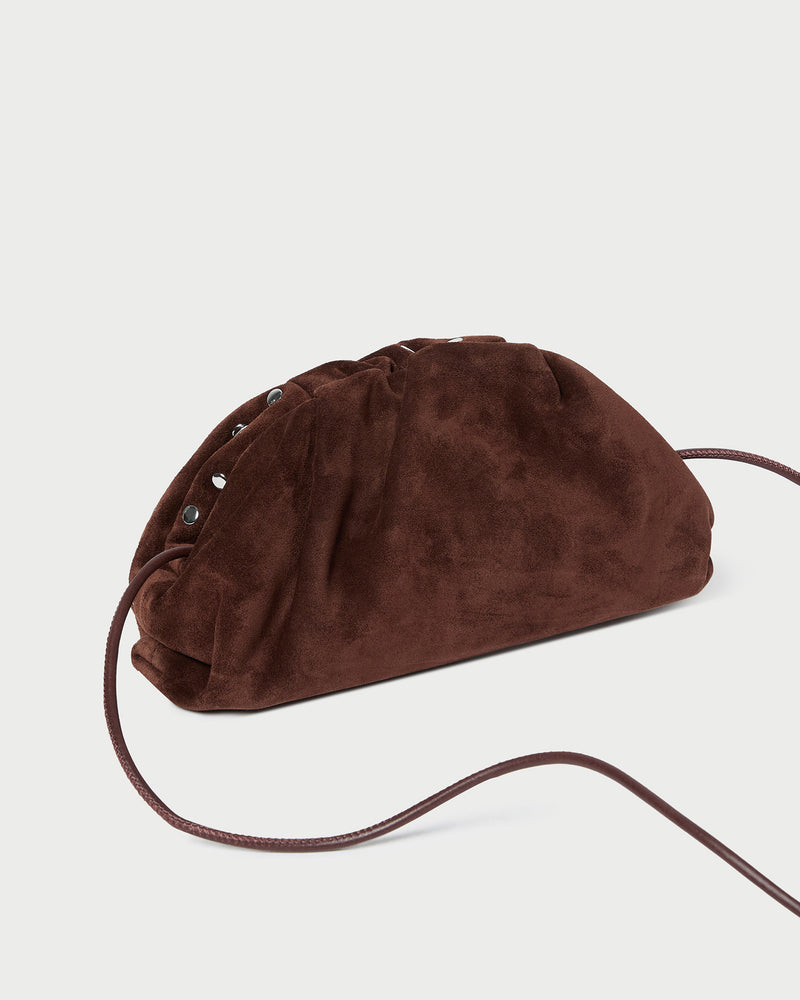 Bailey Espresso/Silver Dome Clutch in espresso suede with silver studs.