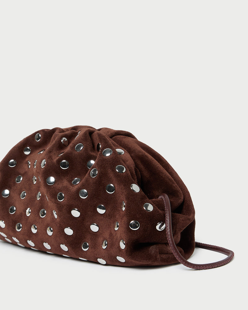 Bailey Espresso/Silver Dome Clutch in espresso suede with silver studs.