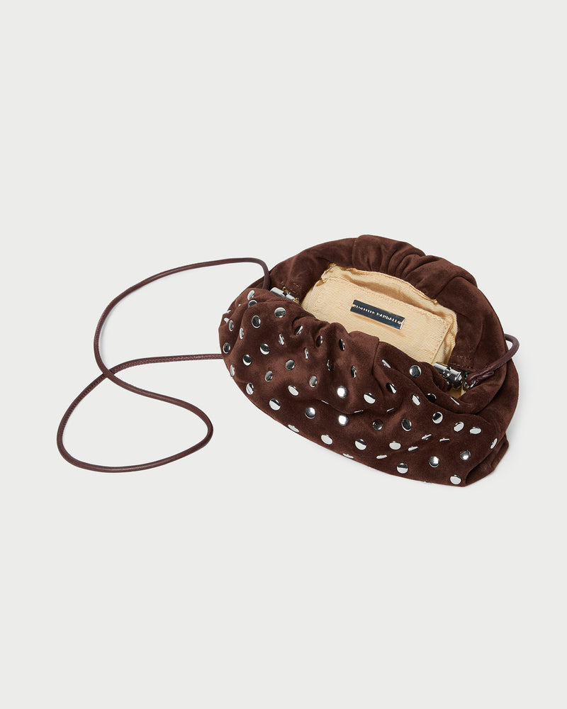 Bailey Espresso/Silver Dome Clutch in espresso suede with silver studs.