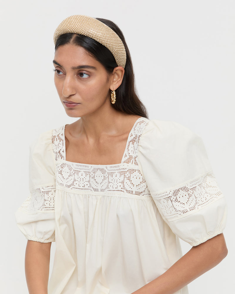 Bellamy Gold Diamanté Headband in gold diamanté and Jo Puff Sleeve Dress in cream cotton.