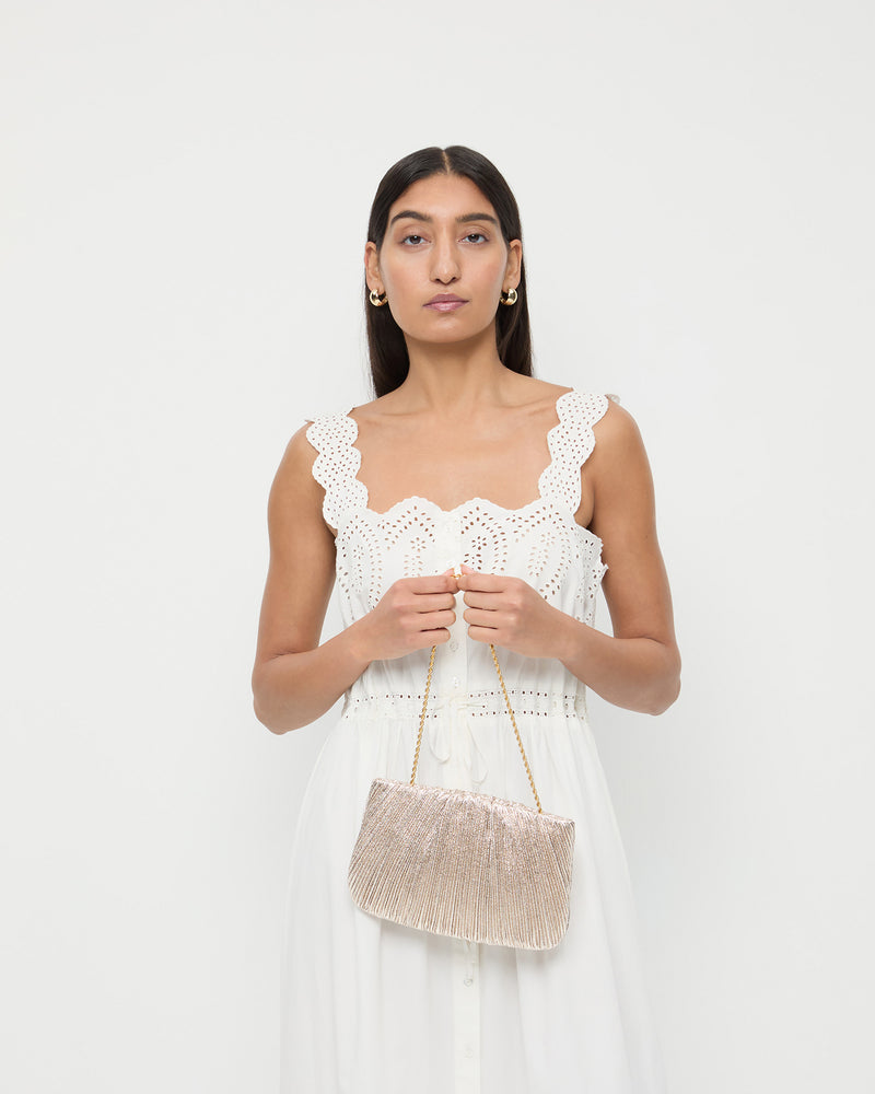 Brit Champagne Flat Pleated Clutch in champagne Italian lamé