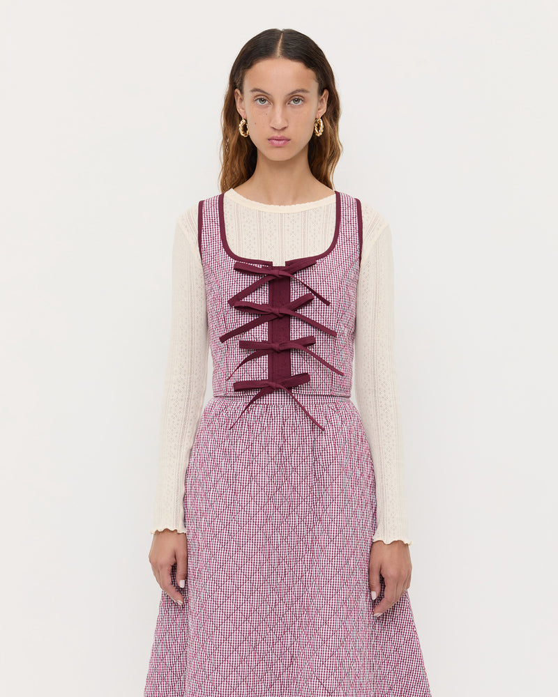 Callista Tie-Front Vest in quilted cotton maroon gingham.