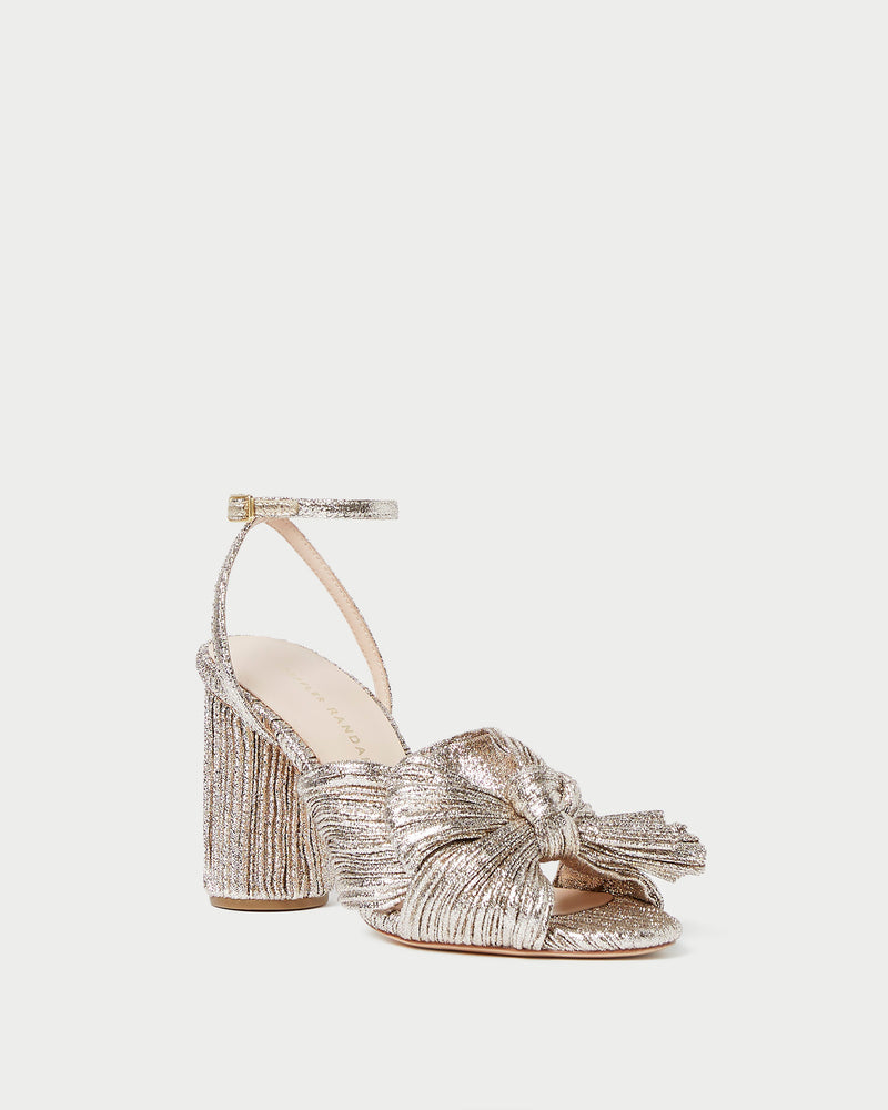 Camellia Champagne Pleated Bow Heel in champagne Italian lamé