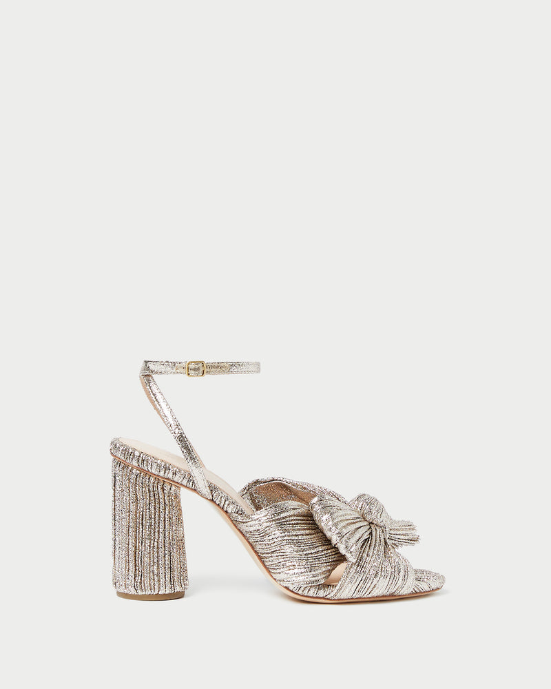 Camellia Champagne Pleated Bow Heel in champagne Italian lamé