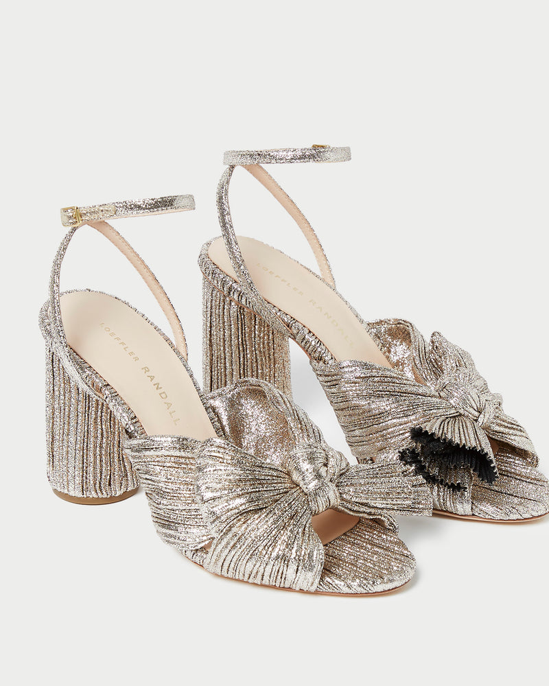 Camellia Champagne Pleated Bow Heel in champagne Italian lamé