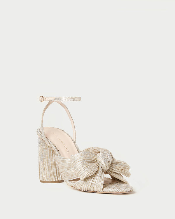 Camellia Platinum Pleated Bow Heel in light champagne pleated lamé