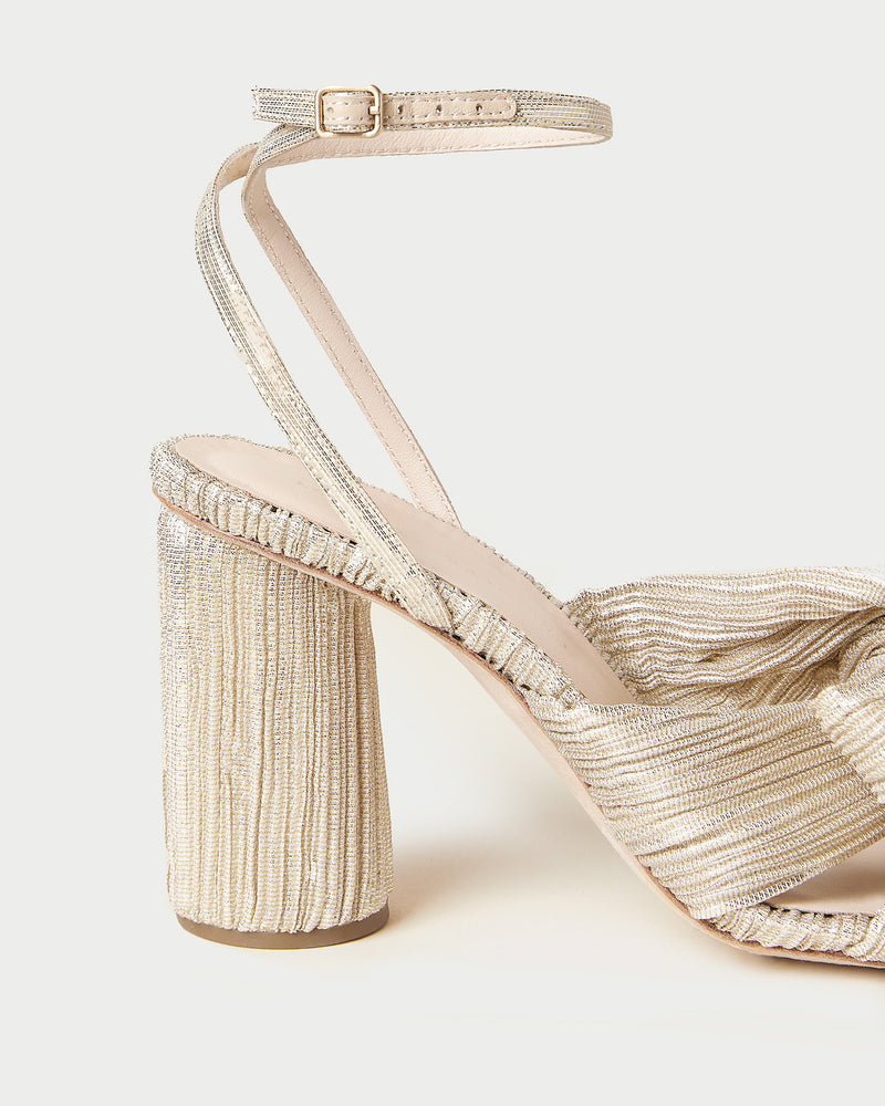 Camellia Platinum Pleated Bow Heel in light champagne pleated lamé
