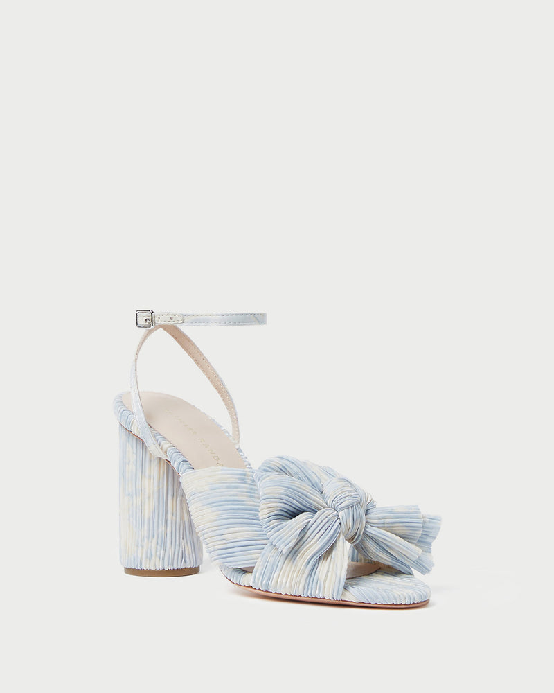 Camellia Blue Floral Bow Heel in a blue floral patterned organza