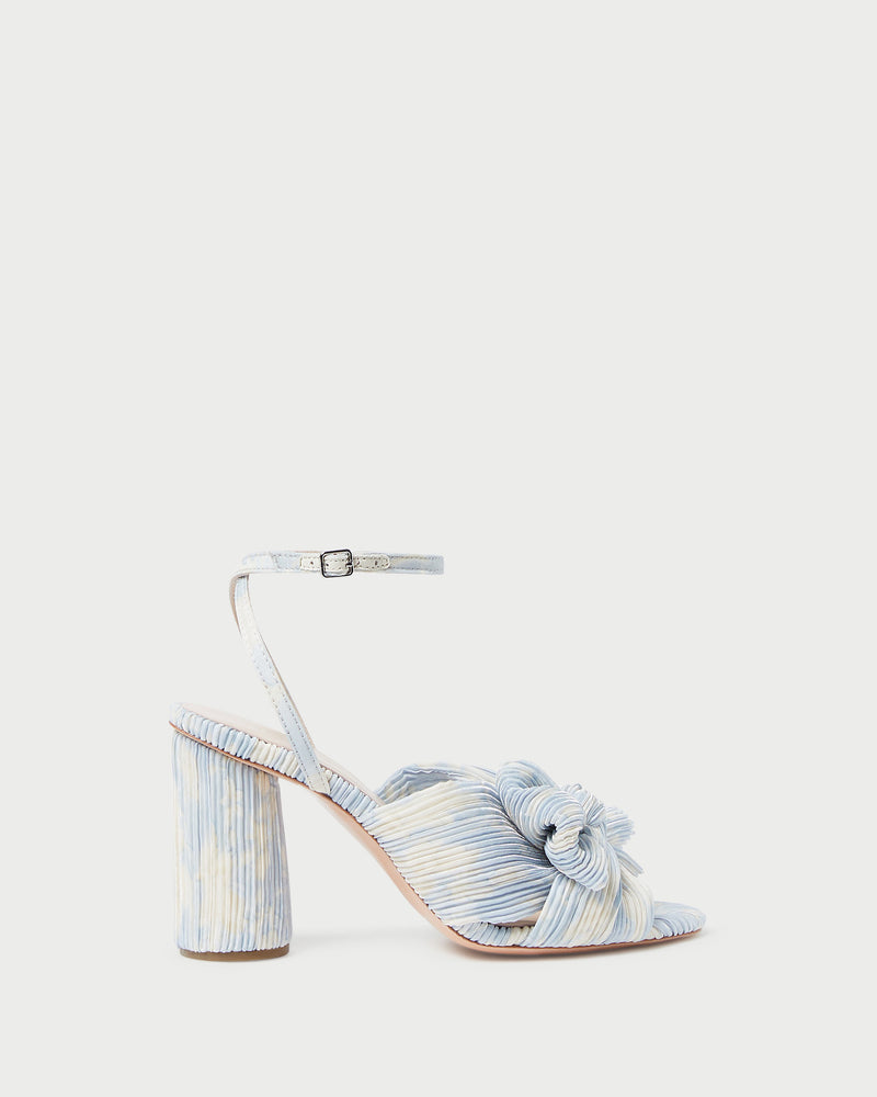 Camellia Blue Floral Bow Heel in a blue floral patterned organza