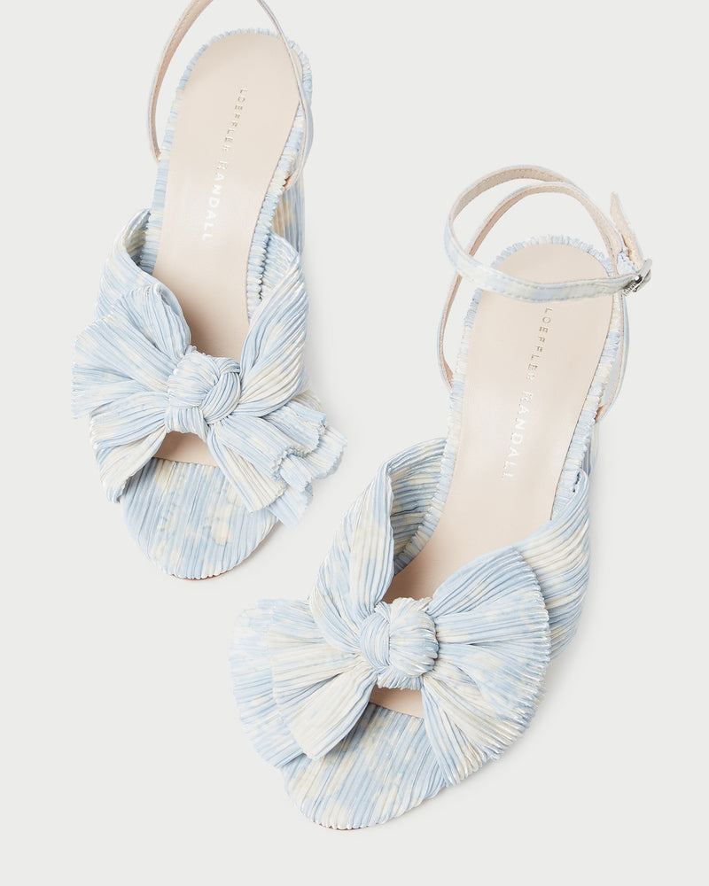 Camellia Blue Floral Bow Heel in a blue floral patterned organza