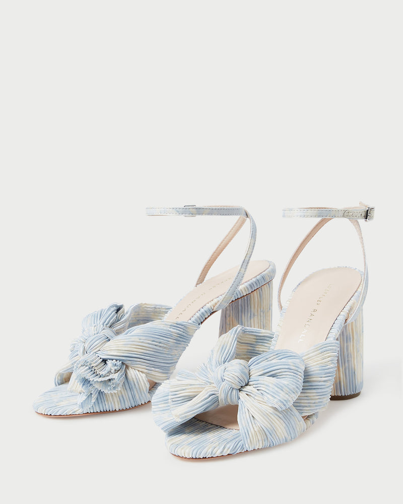 Camellia Blue Floral Bow Heel in a blue floral patterned organza