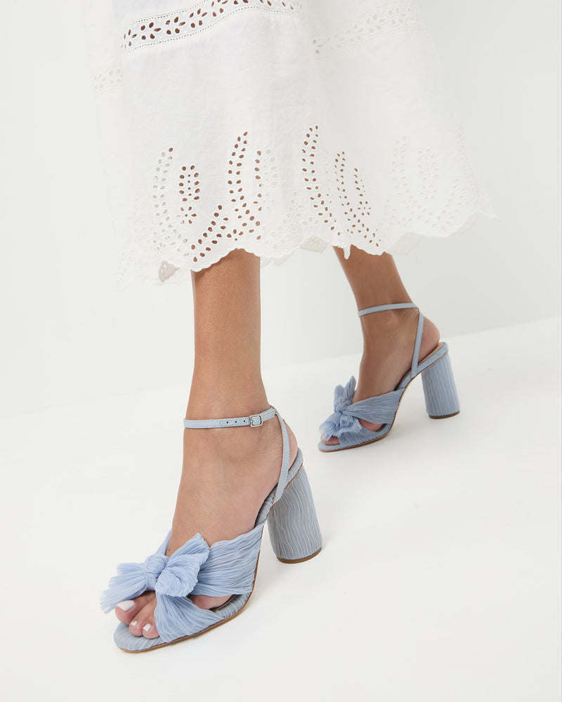 Camellia Blue Pleated Bow Heel in light blue fabric