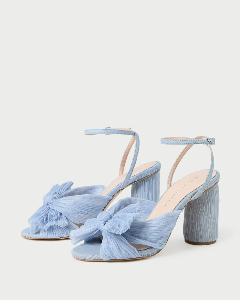Camellia Blue Pleated Bow Heel in light blue fabric