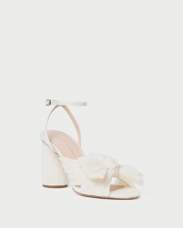 Camellia Pearl Pleated Bow Heel in pearl pleated fabric