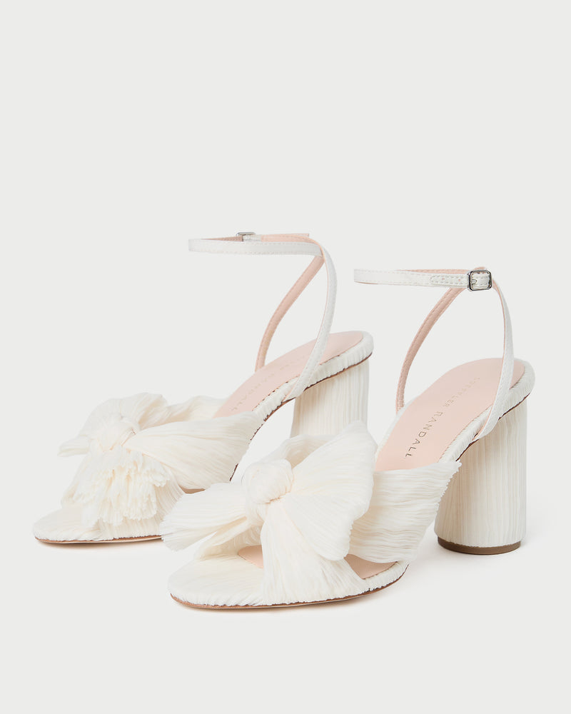 Camellia Pearl Pleated Bow Heel in pearl pleated fabric