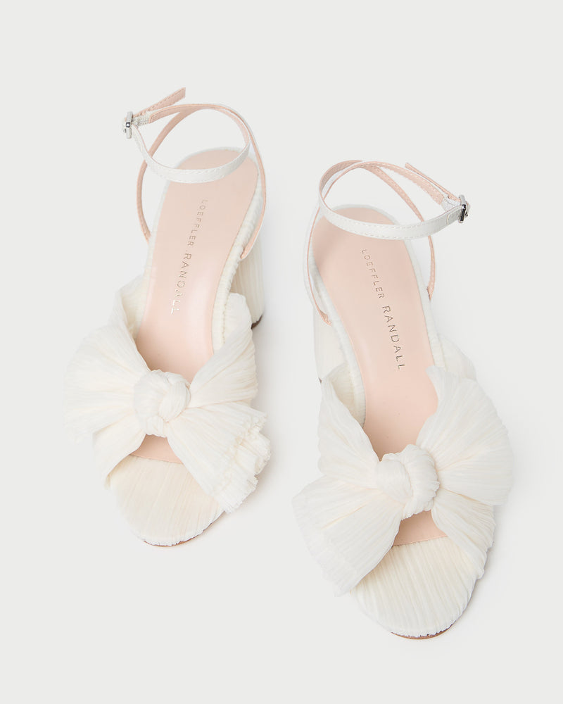 Camellia Pearl Pleated Bow Heel in pearl pleated fabric