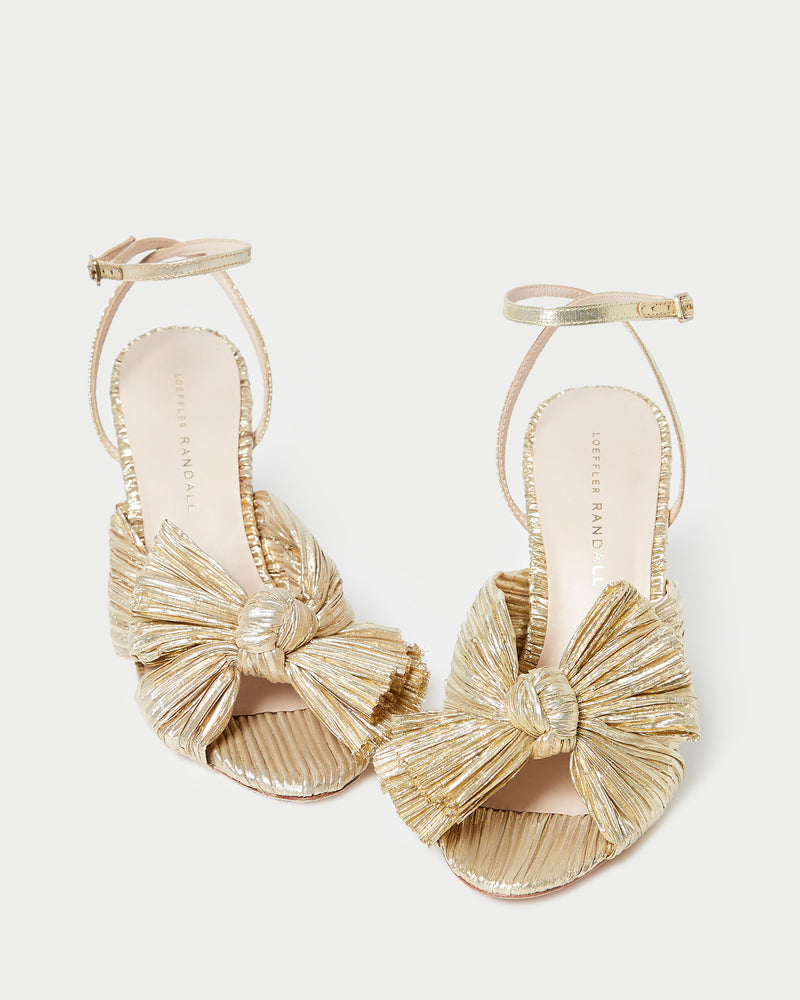 Camellia Gold Pleated Bow Heel in gold lamé