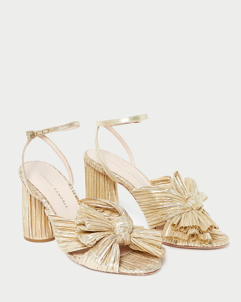 Camellia Gold Pleated Bow Heel in gold lamé