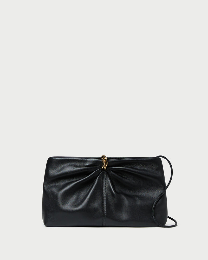 Corrine Black Leather Gathered Clutch in black leather with a gold accent.