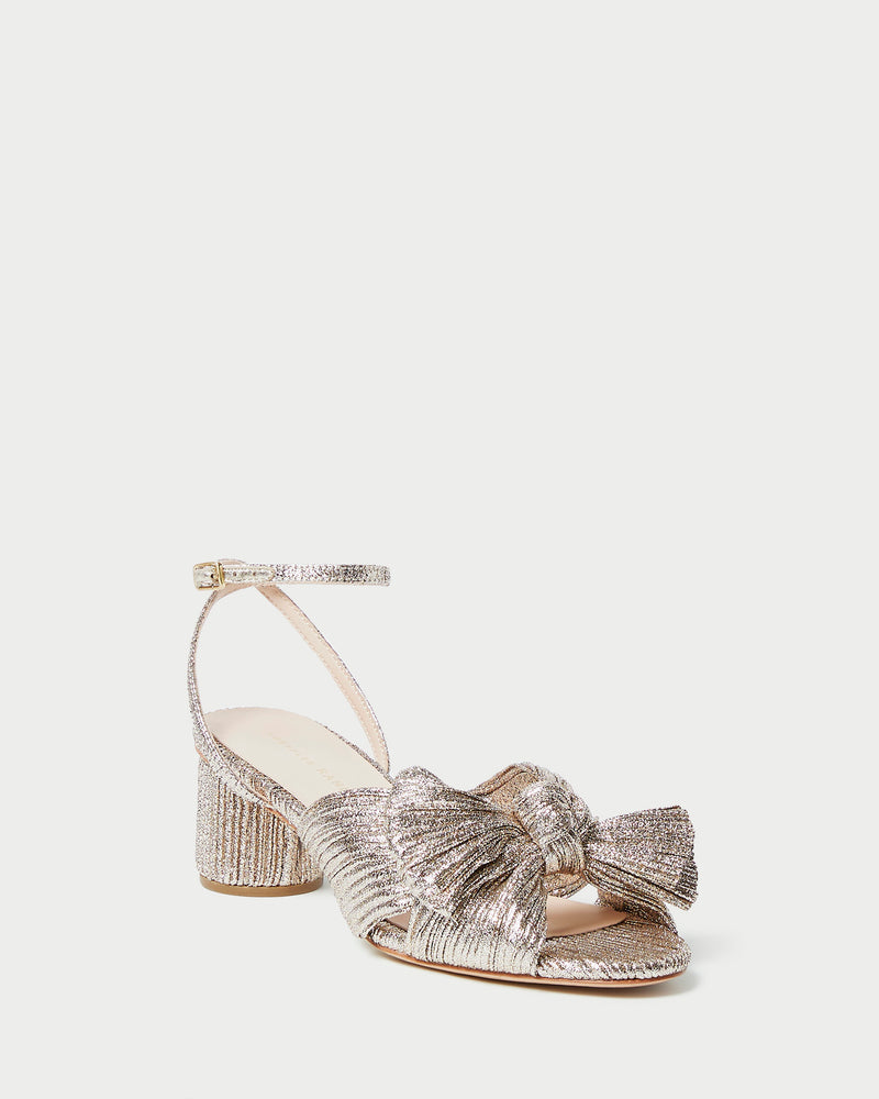 Dahlia Champagne Pleated Bow Heel in champagne Italian lamé