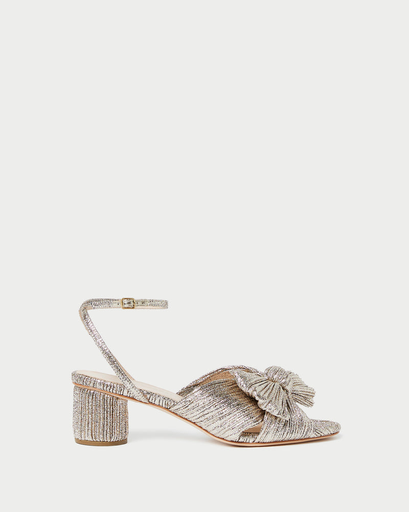 Dahlia Champagne Pleated Bow Heel in champagne Italian lamé