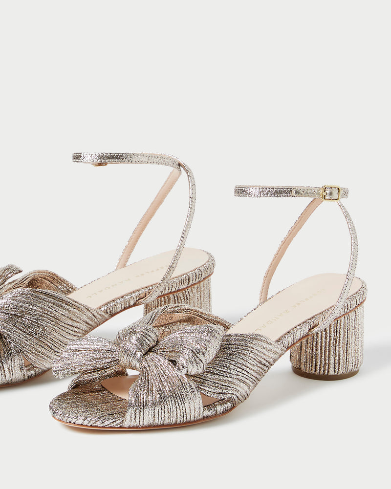 Dahlia Champagne Pleated Bow Heel in champagne Italian lamé