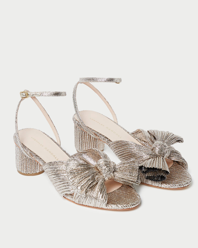 Dahlia Champagne Pleated Bow Heel in champagne Italian lamé