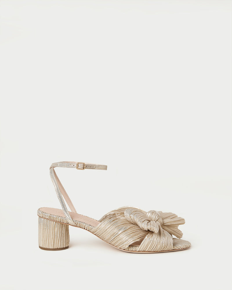 Dahlia Platinum Pleated Bow Heel in light champagne pleated lamé