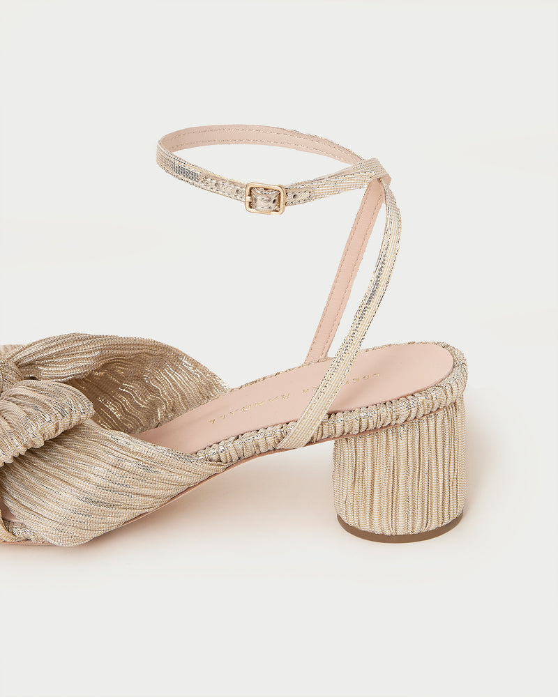 Dahlia Platinum Pleated Bow Heel in light champagne pleated lamé
