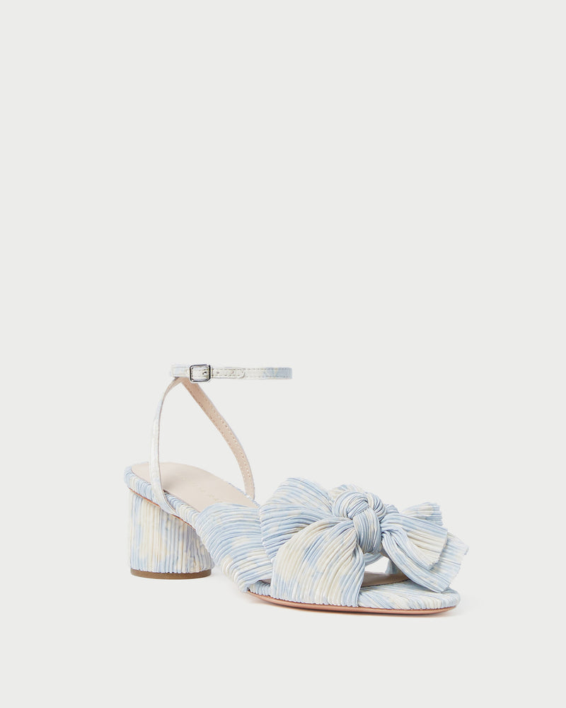 Dahlia Blue Floral Bow Heel in blue floral patterned organza
