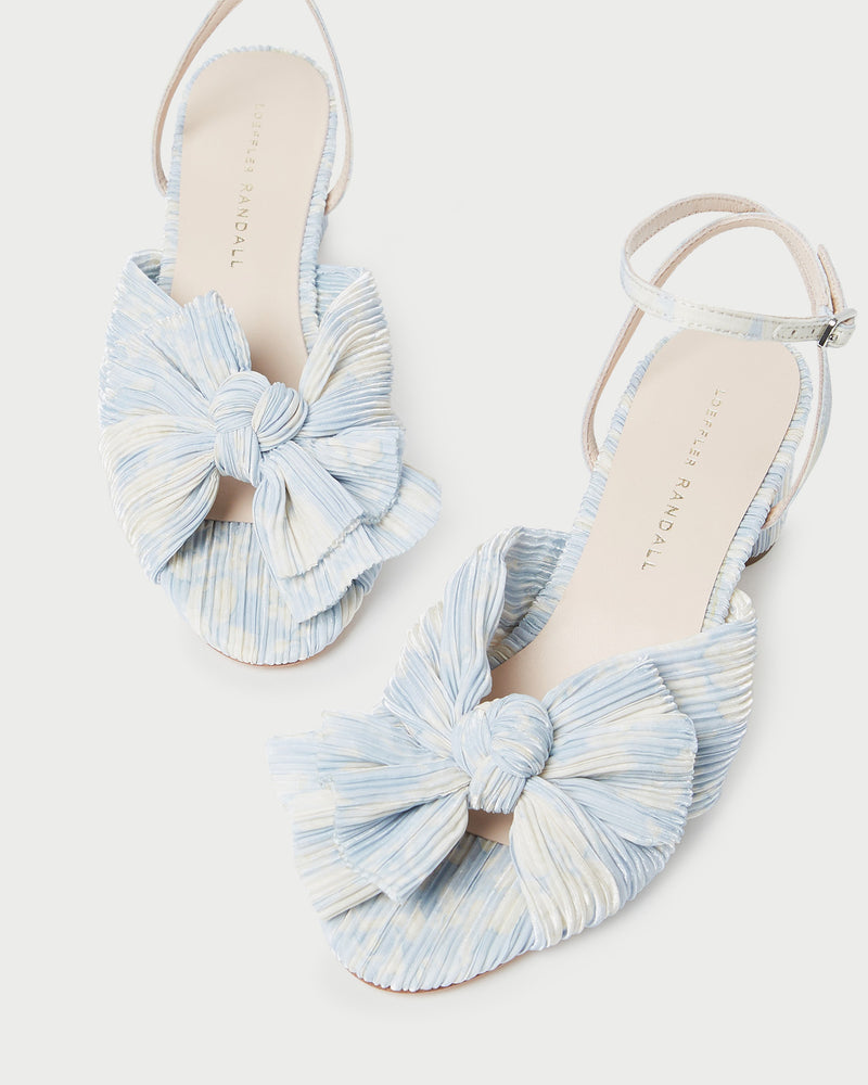 Dahlia Blue Floral Bow Heel in blue floral patterned organza