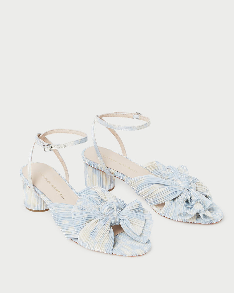 Dahlia Blue Floral Bow Heel in blue floral patterned organza