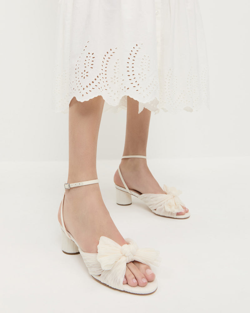 Dahlia Pearl Pleated Bow Heel in pearl pleated fabric