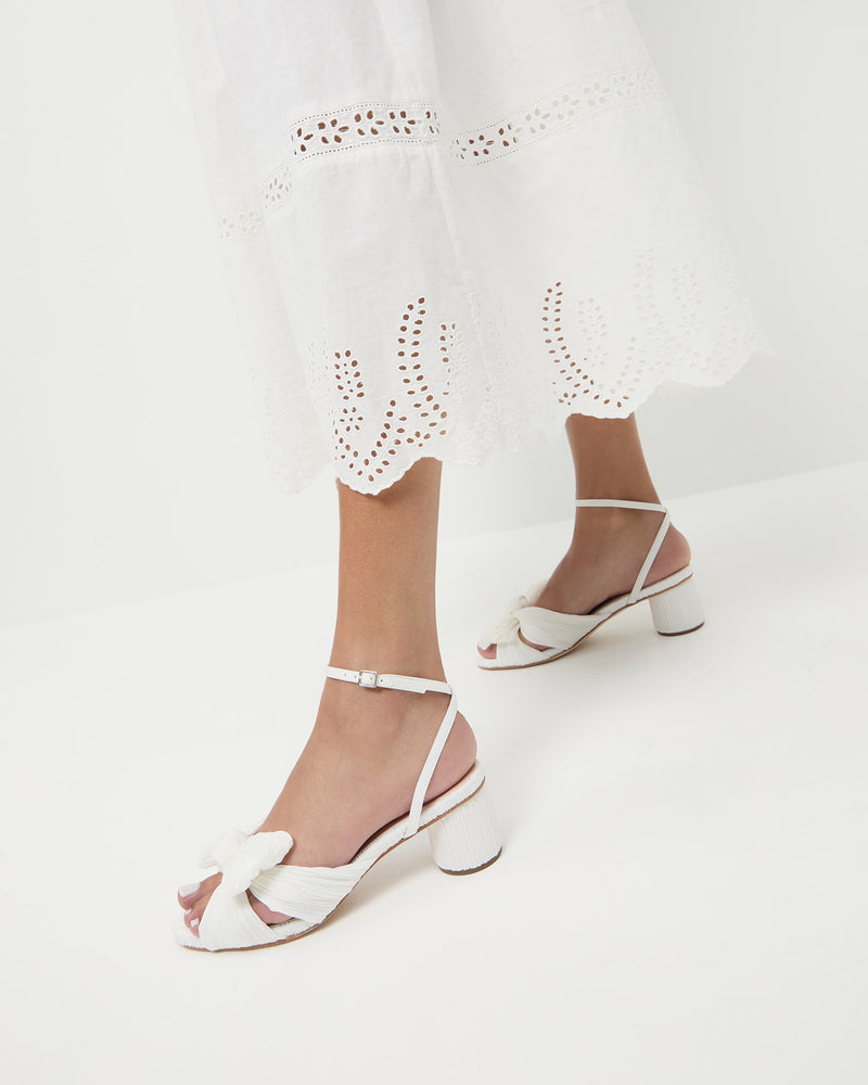 Dahlia White Pleated Bow Heel in white pleated organza