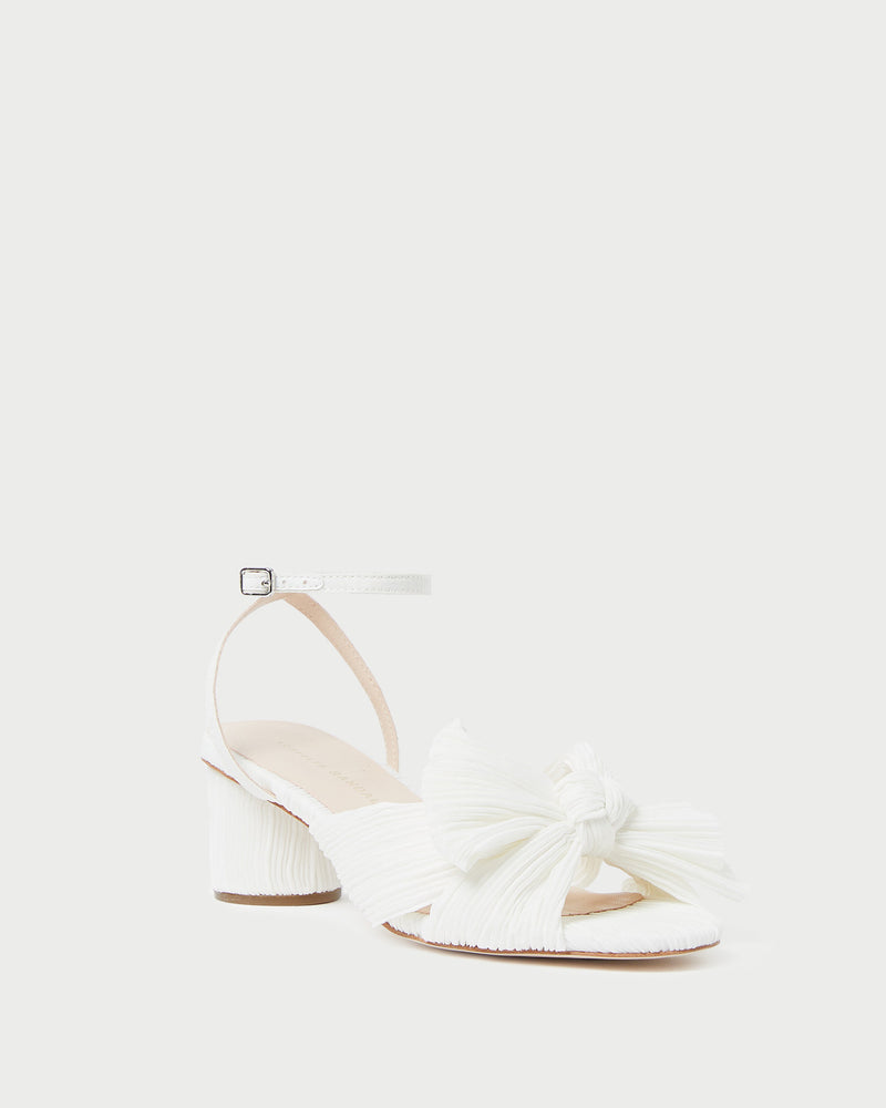 Dahlia White Pleated Bow Heel in white pleated organza