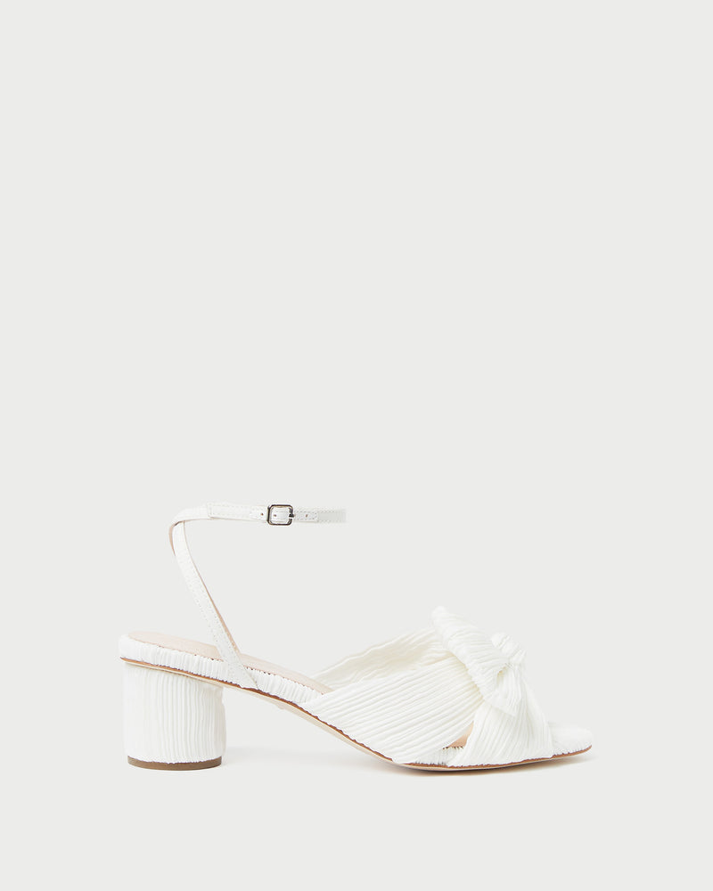 Dahlia White Pleated Bow Heel in white pleated organza