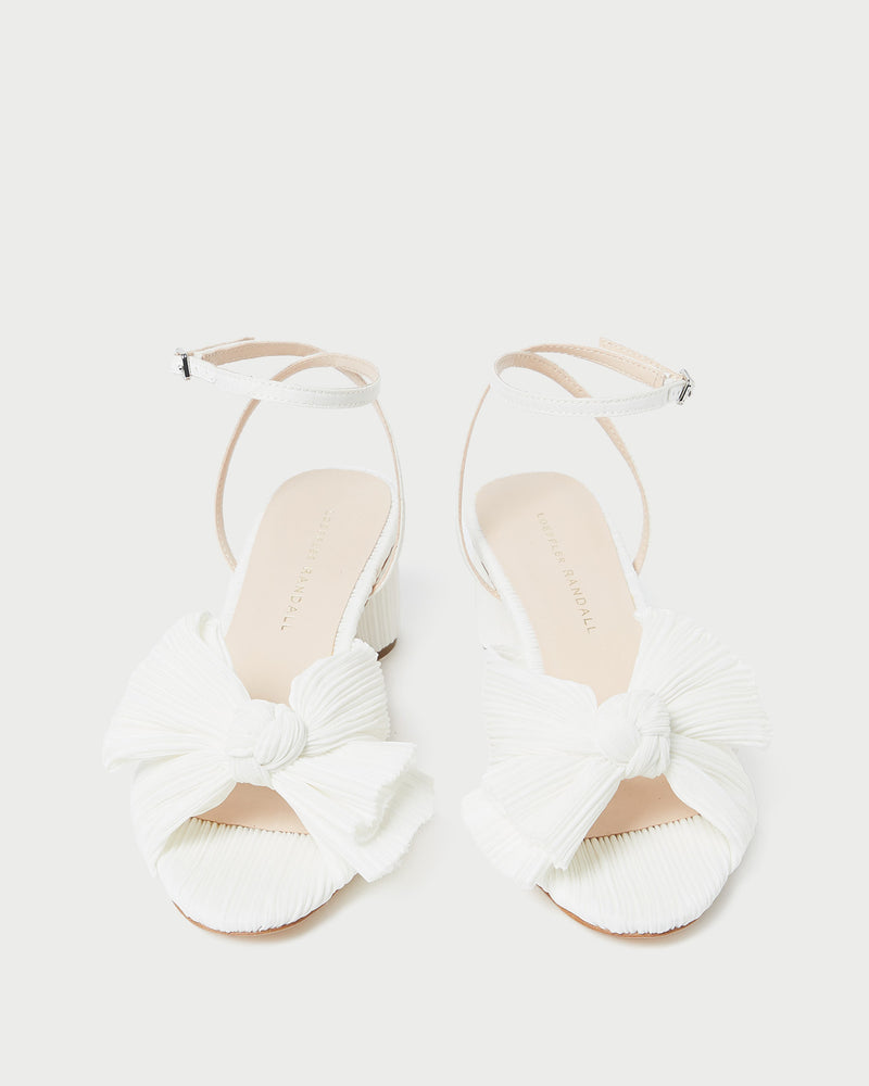 Dahlia White Pleated Bow Heel in white pleated organza