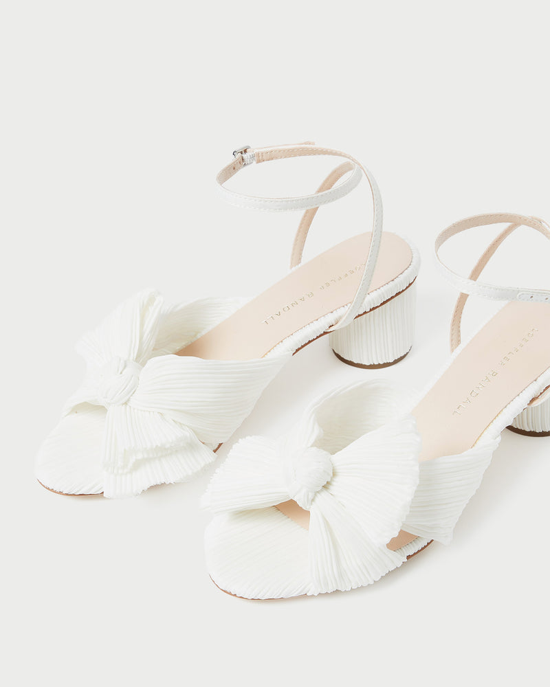 Dahlia White Pleated Bow Heel in white pleated organza