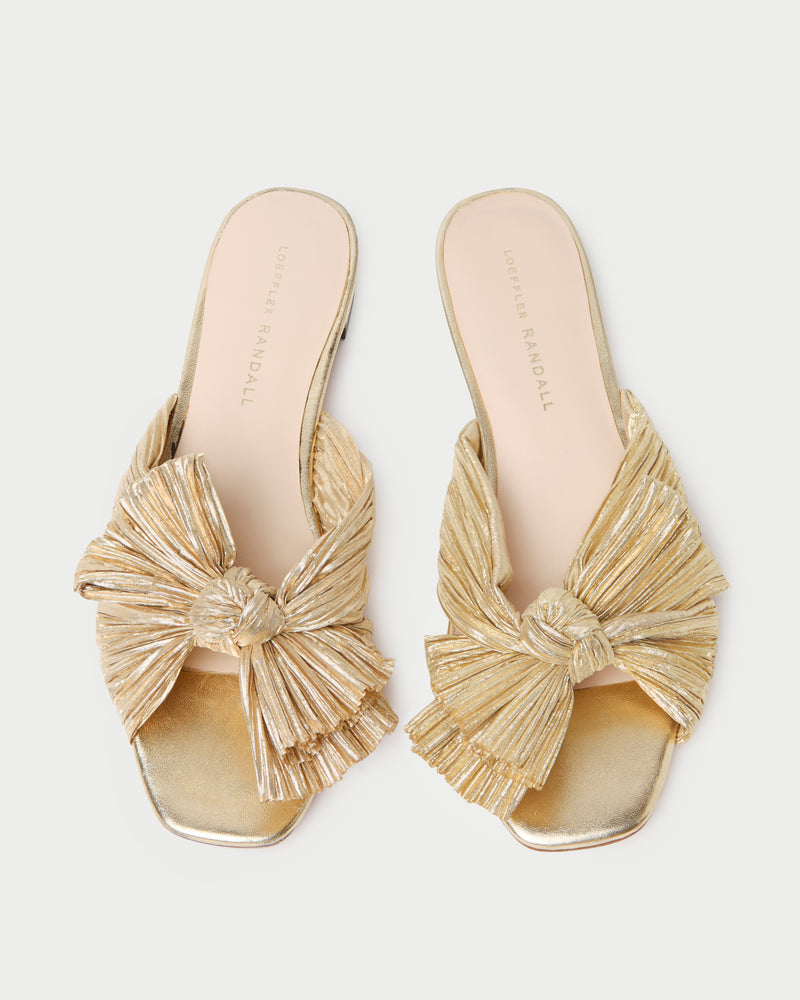 Daphne Gold Pleated Bow Slide in gold lamé