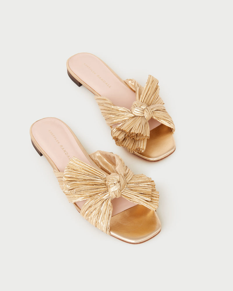 Daphne Gold Pleated Bow Slide in gold lamé