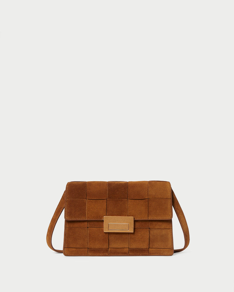 Delphine Cacao Suede Shoulder Bag in cacao brown woven suede.